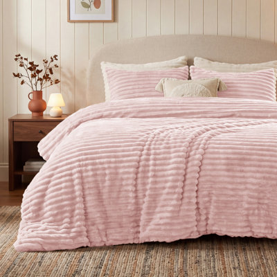 Bedsure Full Size Comforter Sets - 3-Piece Double-Sided Fleece Fluffy Pink Bedding, Cozy Striped Aesthetic for Modern & Guest Bedrooms, All-Season Luxury Home Decor