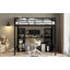 Lit mezzanine double en métal avec bureau intégré et tablettes, noir et brun