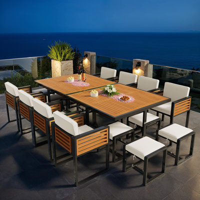 Ensemble de salle à manger 18 pièces pour patio en bois d'acacia, mobilier d'extérieur peu encombrant avec 8 chaises rembourrées et repose-pieds