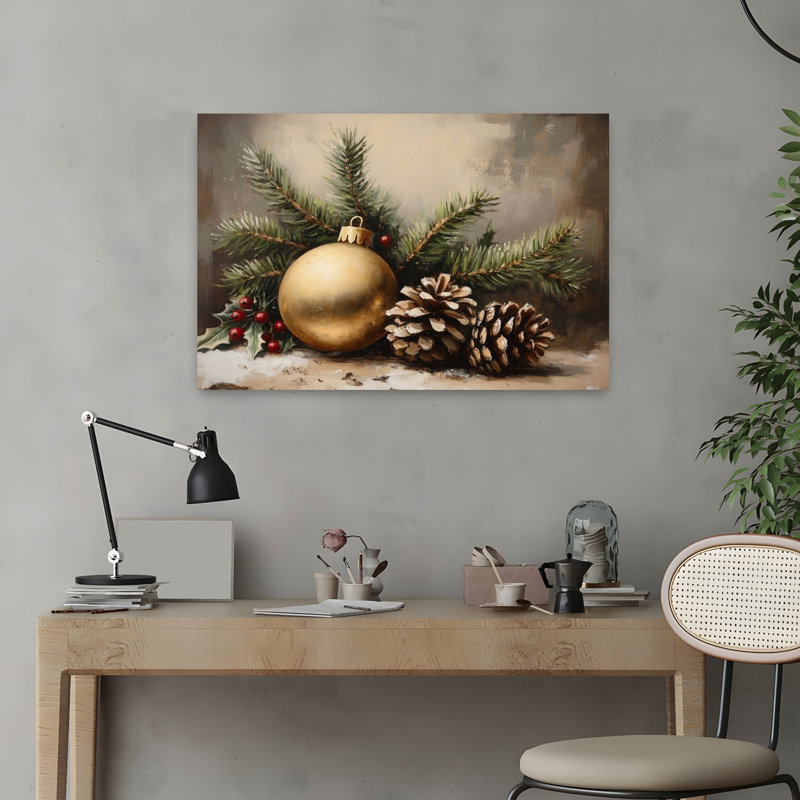 «Golden Holiday Elements», impression d'art rustique sur bois rustique traditionnel, 16" H x 24" W