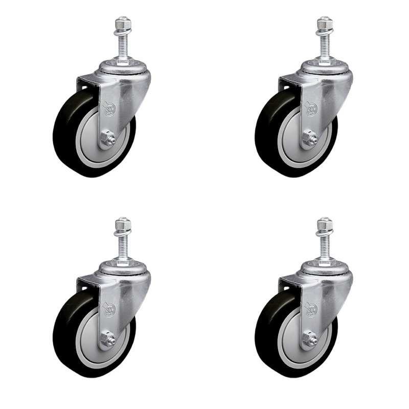 Ensemble de roulettes à tige filetée en polyuréthane pivotant de 4 po de 3/8 po SCC, Noir