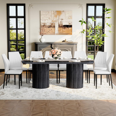 79" Black Dining Table Set For 8,Large Dining Room Table Set For 8 With Fluted Double Pedestal Base & Cushioned Chairs