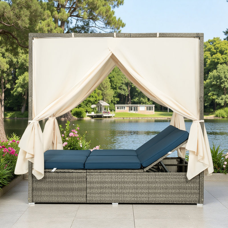 Outdoor Sun Bed With Curtain And Adjustable Backrest, Dark Blue