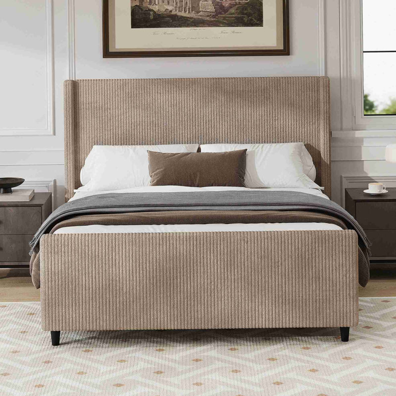 Base de lit tapissier en velours côtelé de 50,7 po de hauteur avec dossier à oreilles à rayures verticales et pied de lit haut sans sommier tapissier, très grand, taupe