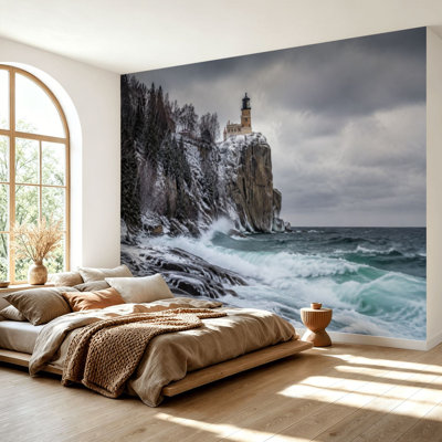 Wall Mural Peel and Stick Wallpaper Lake waves roll Lighthouse sea ocean coastline Self-Adhesive Removable Contact Paper Wall Decor for Living Room Bedroom 69"H x 96"W