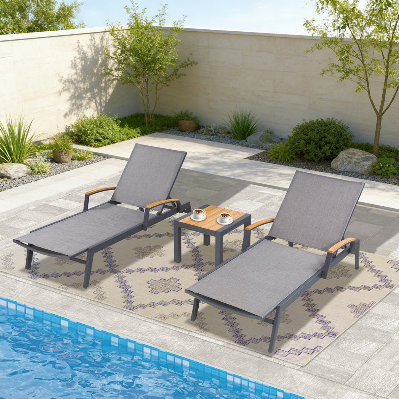 Patio Aluminum Chaise Lounge Set With Phifertex Sling Fabric And Teak Top Side Table
