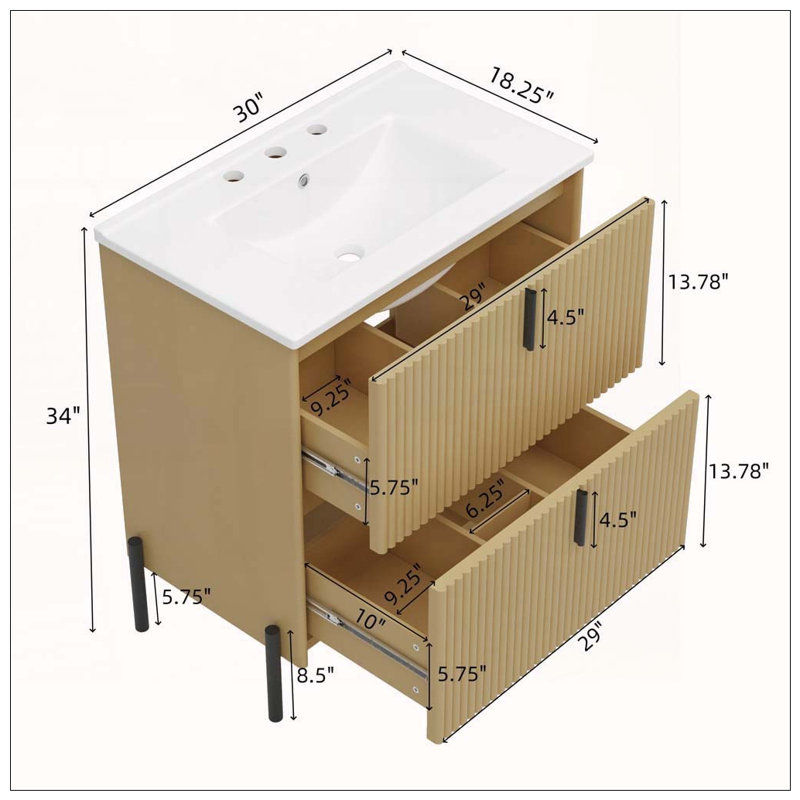 Meuble-lavabo de salle de bain avec lavabo en céramique, système de tiroir divisé et conception cannelée, Naturel, Naturel