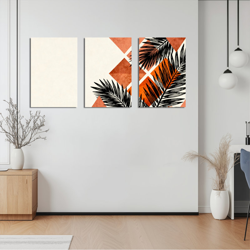 Feuilles de palmier tropicales et art mural sur toile à motif géométrique orange, style bohème moderne (ensemble de 3)