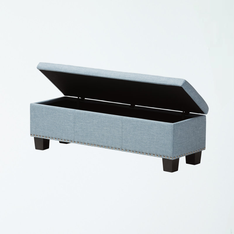 Banc de rangement rembourré en polyester Ahrens au fini bleu clair, H 17,32 po x l 52,17 po x P 16,73 po, Bleu clair
