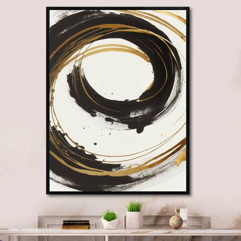 «Black and Gold Curves I», reproduction d'art sur toile, L 34 po x H 44 po, Cadre flottant noir