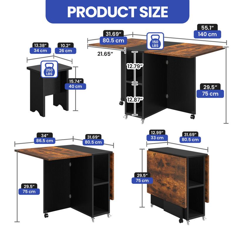 Lunna 55.10'' L x 31.69'' W Foldable Dining Table Set Dining Set with Stools, Black, Rustic Brown