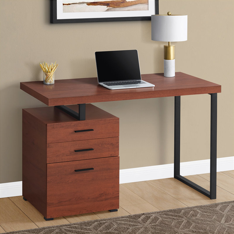 Petrella Computer Desk, Home Office, Laptop, Storage Drawers, 48"L, Work, Metal, Laminate, Cherry/Black, Left-Hand Facing