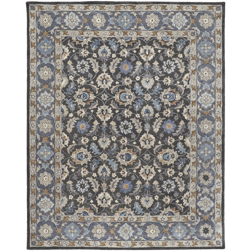 Azalea Wool Oriental Area Rug in Taupe/Blue/Ivory, Rectangle 5' x 8'