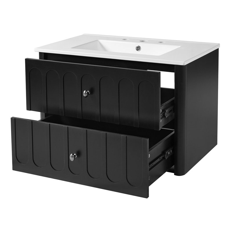Meuble-lavabo de salle de bain flottant 30 po avec poignées ovales et bord arrondi, Black