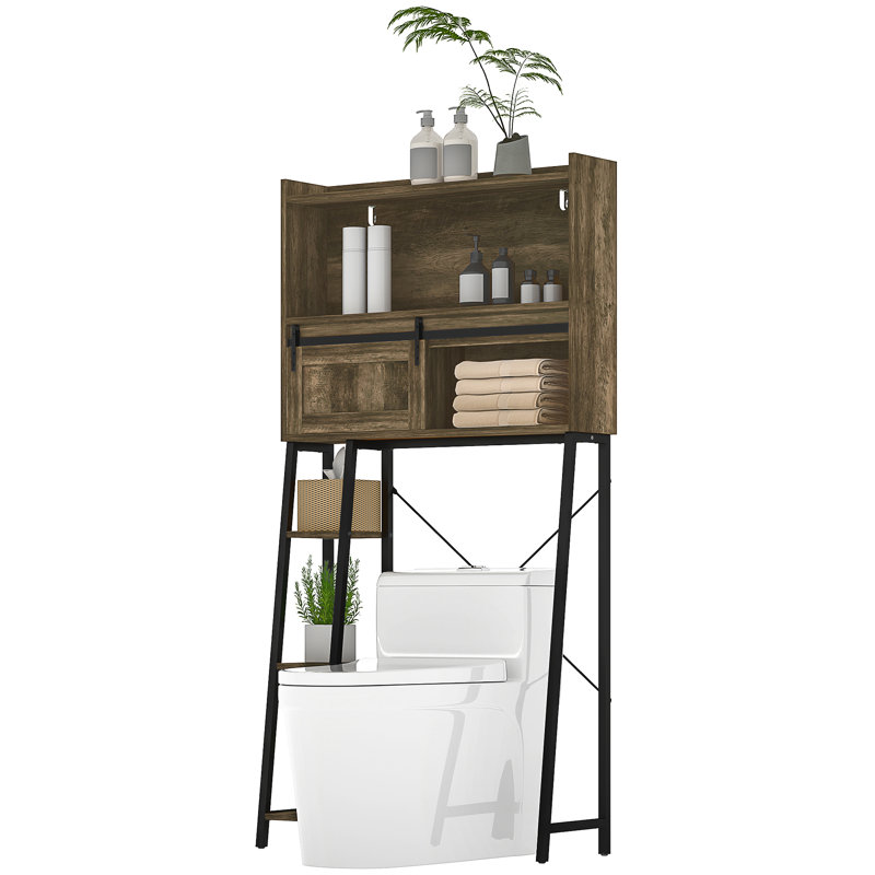 Over The Toilet Storage Cabinet, Over Toilet Bathroom Organizer With 3 Compartments, 4 Open Shelves, Distressed Brown, Brown