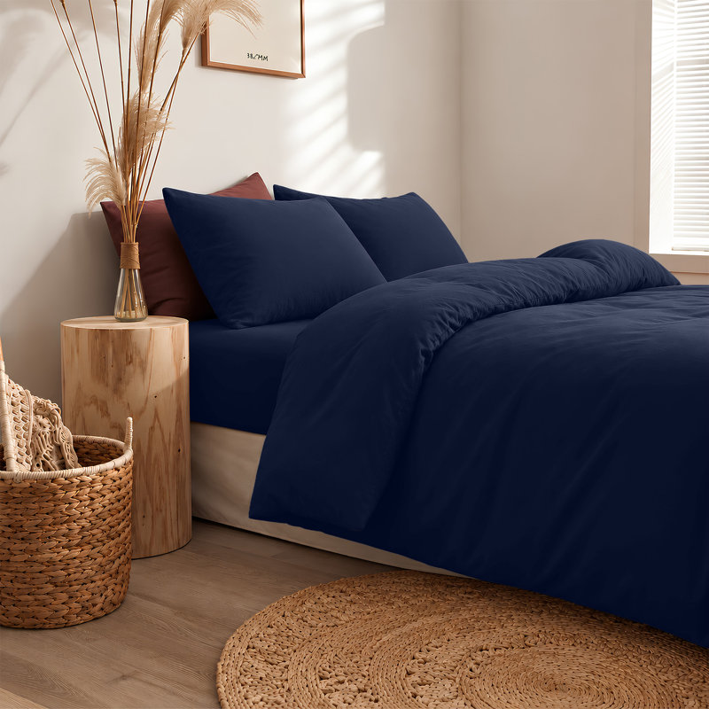 300TC Microfiber Duvet Cover Set – Reversible Luxury 3-Piece, Super King Duvet Cover + 2 Standard Pillowcases, Navy