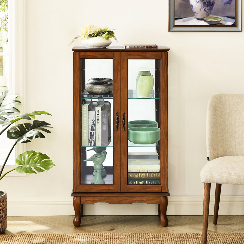 Vitrine 3 niveaux en chêne, avec tablettes réglables en verre et miroir en chêne, Brun