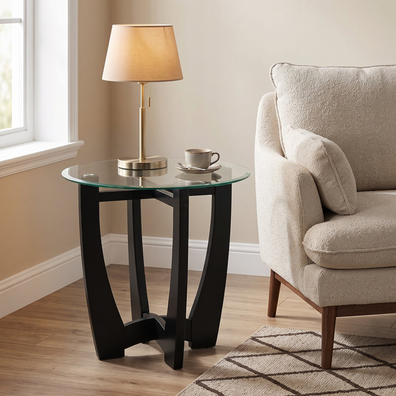 Table basse ronde en verre 23,5 po avec base en bois noir pour le salon et le bureau, Plateau transparent / base noire