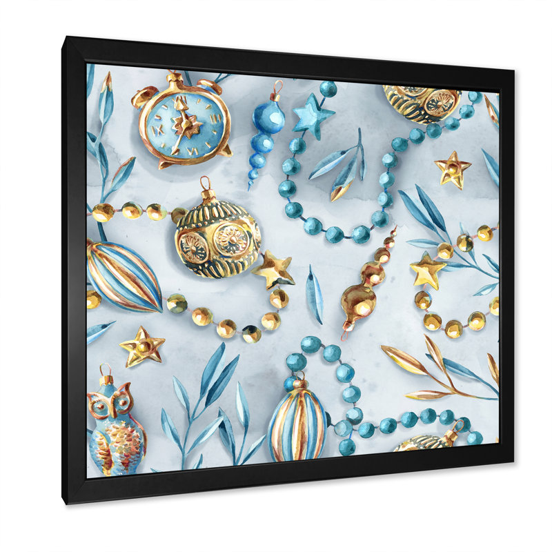 «Blue and Gold Christmas Tree Ornaments», reproduction d'art sur toile moderne, H 16 po x l 16 po x P 1 po, Cadre photo noir