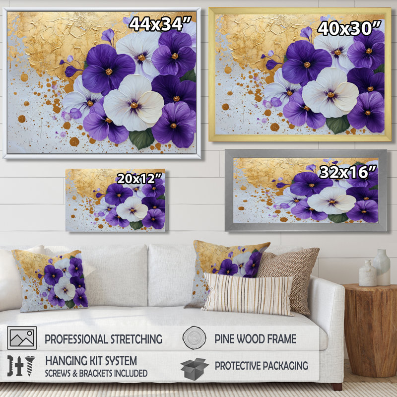 «Golden Harmony Of Violets Flowers II - Violets», reproduction d'art murale, H 34 po x l 44 po, Brun