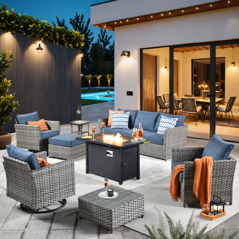 Ensemble de meubles de patio avec coussins 10 pièces Ignatz, Bleu denim