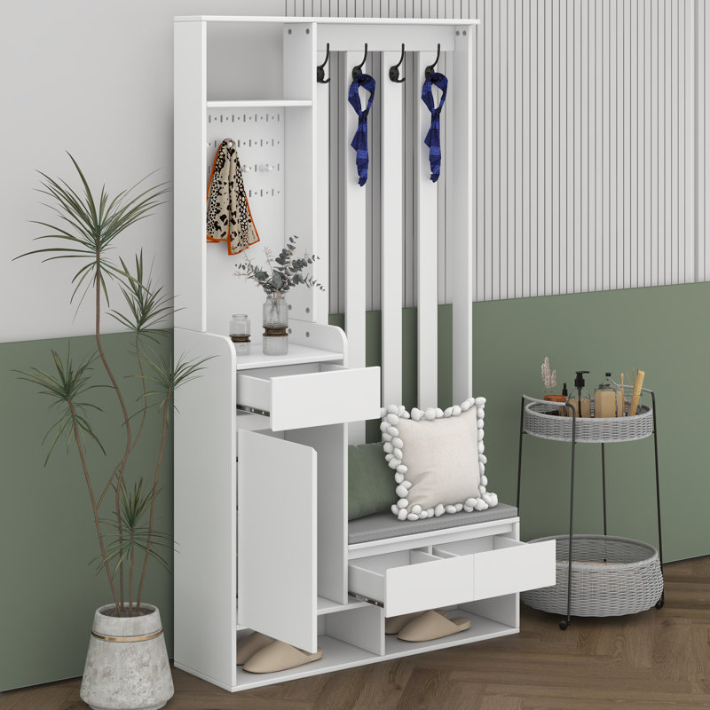 Portemanteau l 39,3 po x H 70,8 po, portemanteau avec rangement pour chaussures, banc à chaussures 6-en-1 et support mural