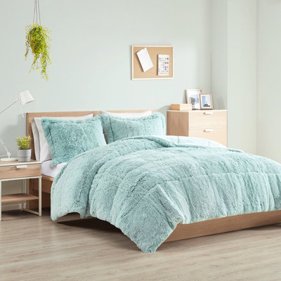 Couette King/King Shaggy à poils longs Mini - Garnissage doux réversible Bleu 264 cm l x 229 cm l 2 taies d'oreiller incluses Chaud 51 cm l x 91 cm l + 5 cm d'épaisseur