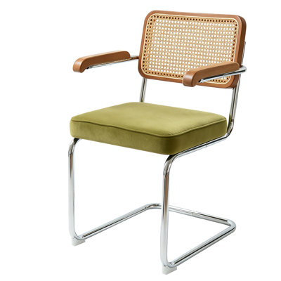 Mid Century Rattan Back Dining Chair with Solid Wood Arm, Chrome Cantilever Metal Base, Set of 2