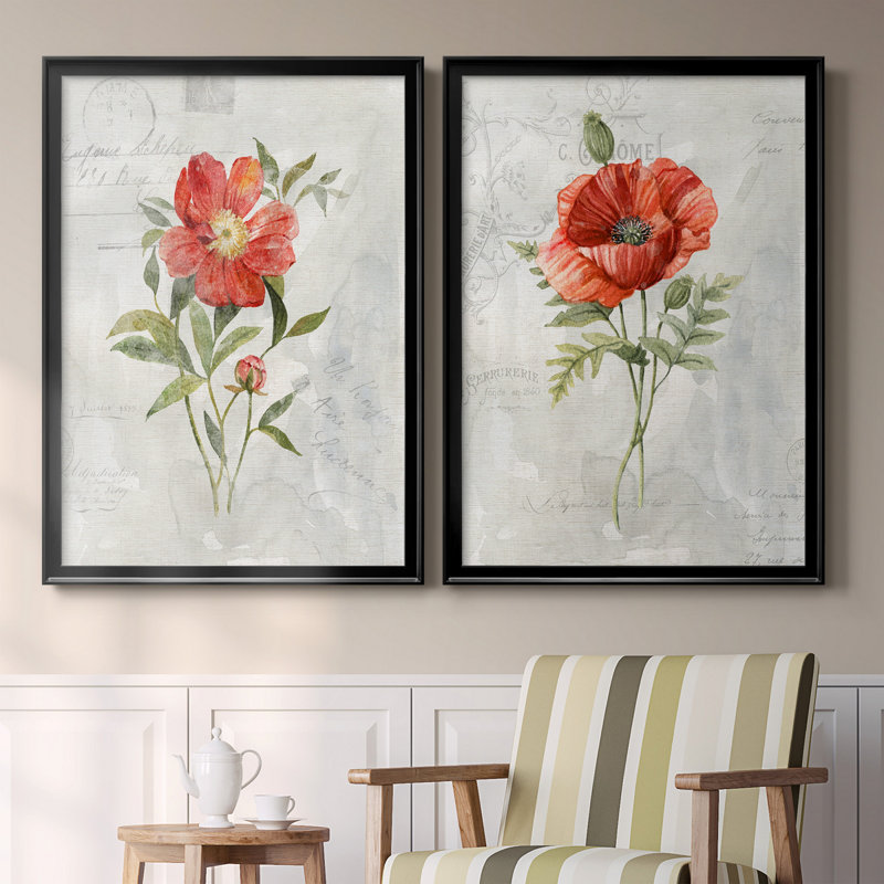 Lin pivoine - ensemble de 2 peintures sur toile, H 30,5 po x l 42,5 po x P 3 po, Black Framed Canvas