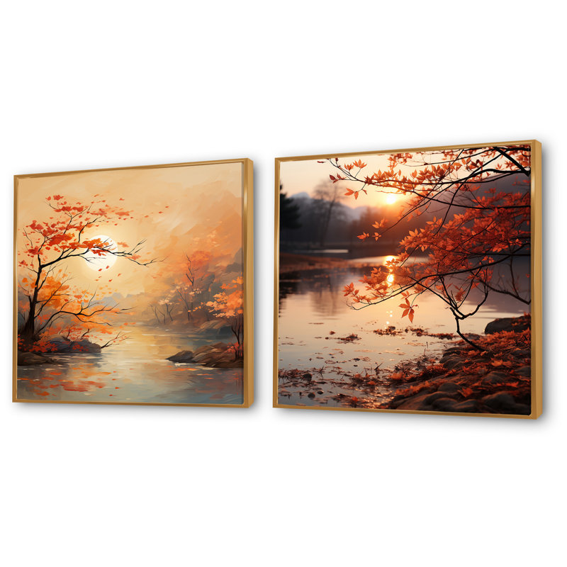 «Autumn Tranquility Lake I - Cottage Lake Mountains», ensemble de 2 impressions sur toile, Cadre flottant doré