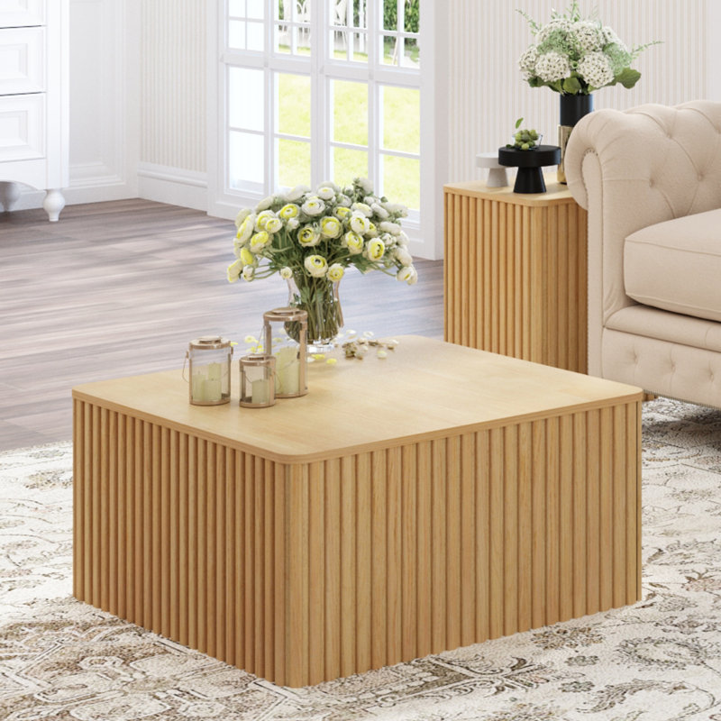 Table basse rabattable carrée 30 po avec table basse et rangement, Bois naturel