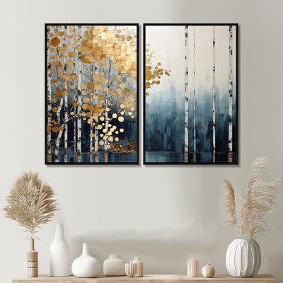 Minimalisme bleu et forêt dorée - impressions sur toile beige sur 2 panneaux