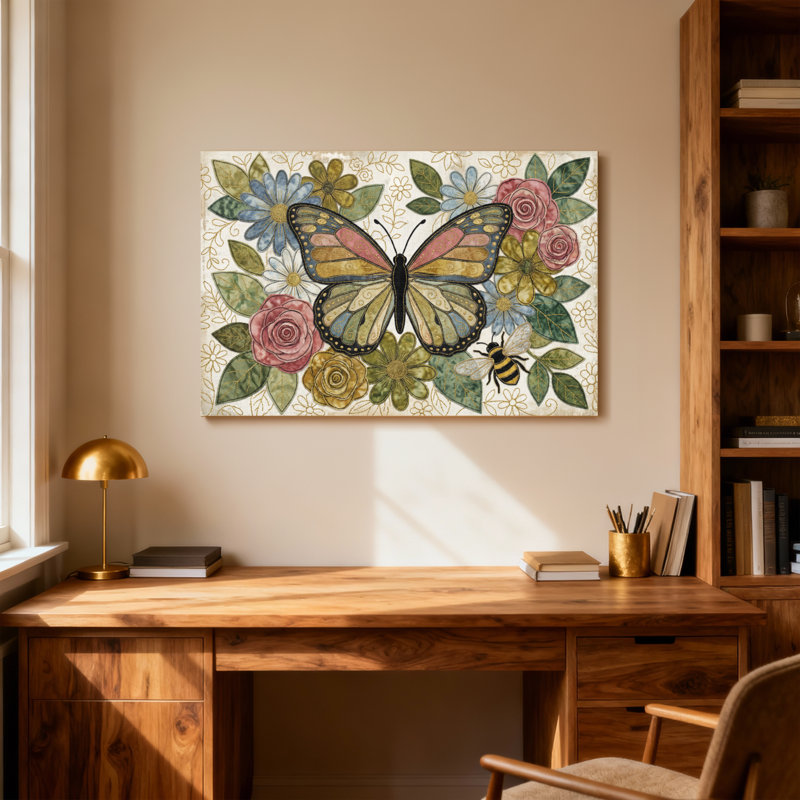 Animaux, papillon, fleurs, feuilles, abeille, impression artistique