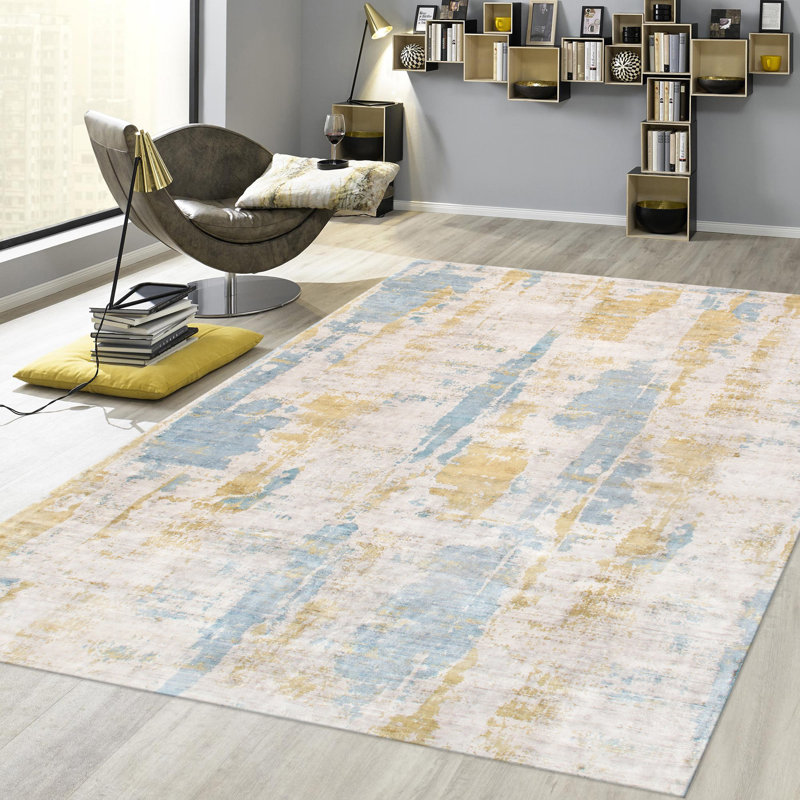 Handmade Hand-Loomed Blue/Gold Rug, Rectangle 6' x 9'