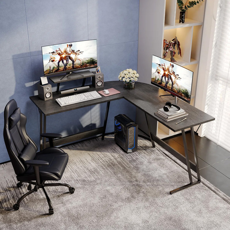 Bureau d'ordinateur en forme de L avec grand support pour écran Sherri, Noir classique / noir, H 29 po x l 51 po x P 20 po