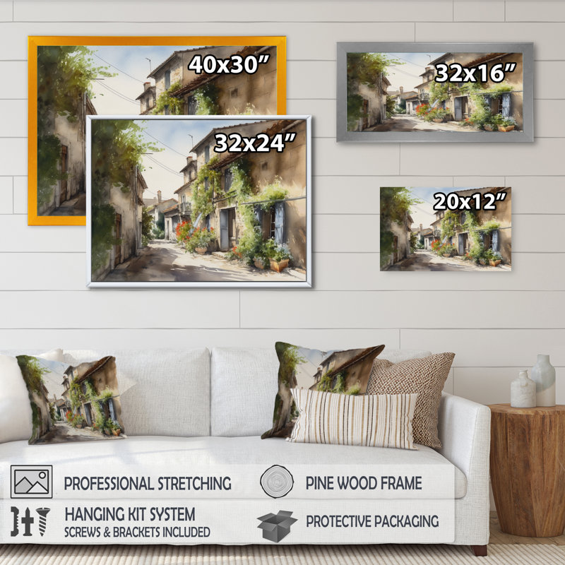 Riba, village méditerranéen, rue Ix sur toile, H 24 po x l 32 po x P 1 po, Toile tendue