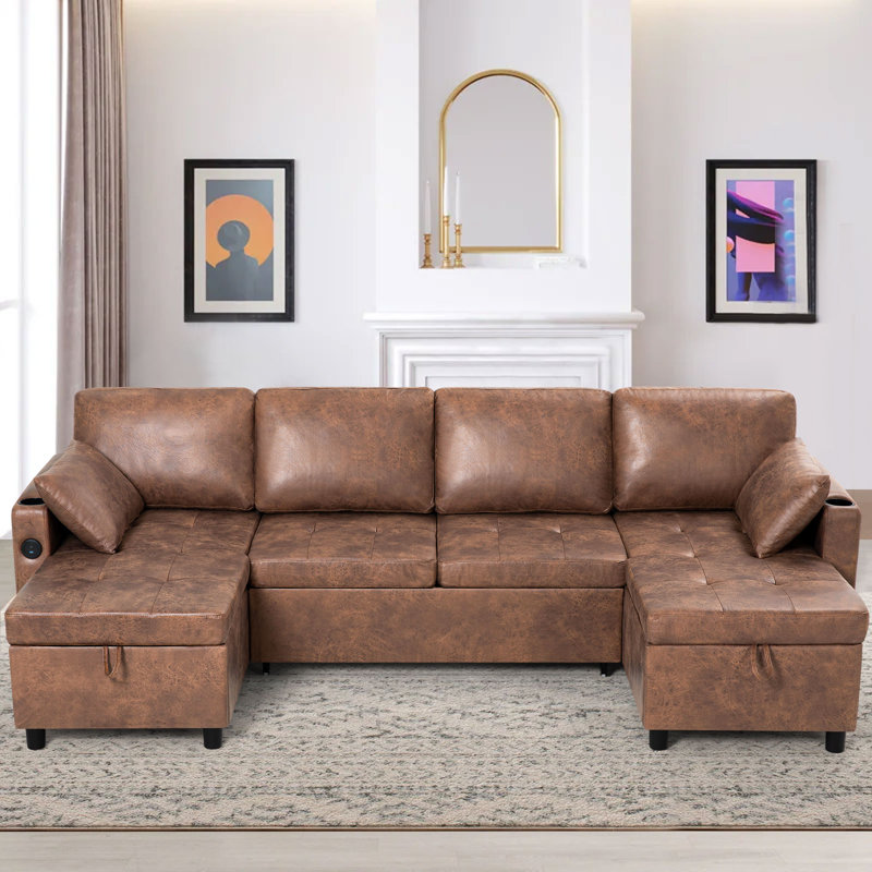 108" U-Shape Sectional Sleeper Sofa Bed With Adjustable Backrest,Pull-Out Reversible Couch With Storage Chaises, Suede Leather Convertible Sofa With USB Charging Port For Living Room, House