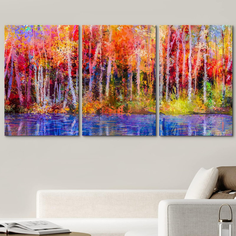 Abstract Forest " Colorful Autumn Trees. Semi Abstract Image Of Forest, Aspen Trees With Yellow " 3 - Pieces