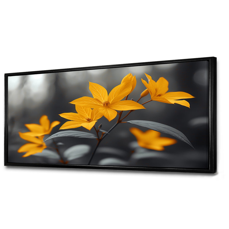 Fleur de cerisier jaune et jaune III, Toile avec cadre flottant noir, H 28 po x l 60 po x P 1,5 po