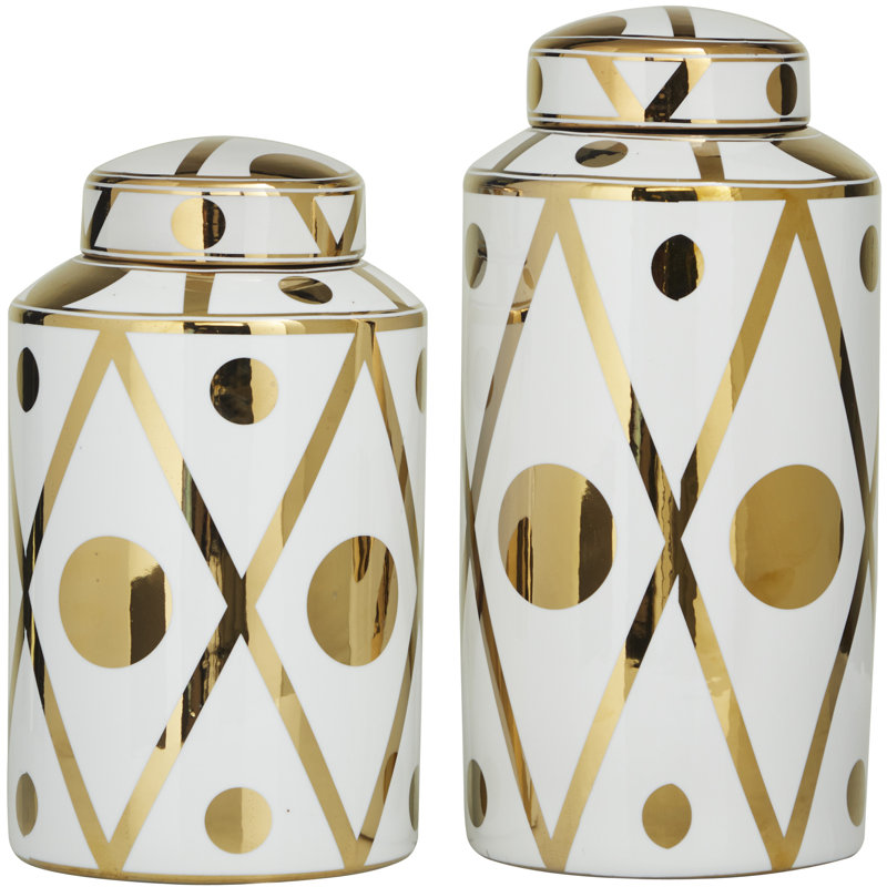 Ceramic Decorative Jars with White Floral Patterns Set, White