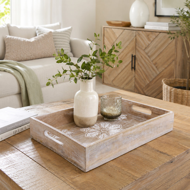 Handcrafted Whitewashed Mango Wood Serving Tray , 2" H x 14" W x 10" D, White