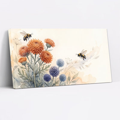 Illustration aquarelle de fleurs orange et bleues avec des abeilles sur toile