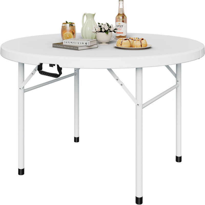 122 cm Round Folding Garden Table with Carry Handle,Portable Camping Table with Metal Frame, White