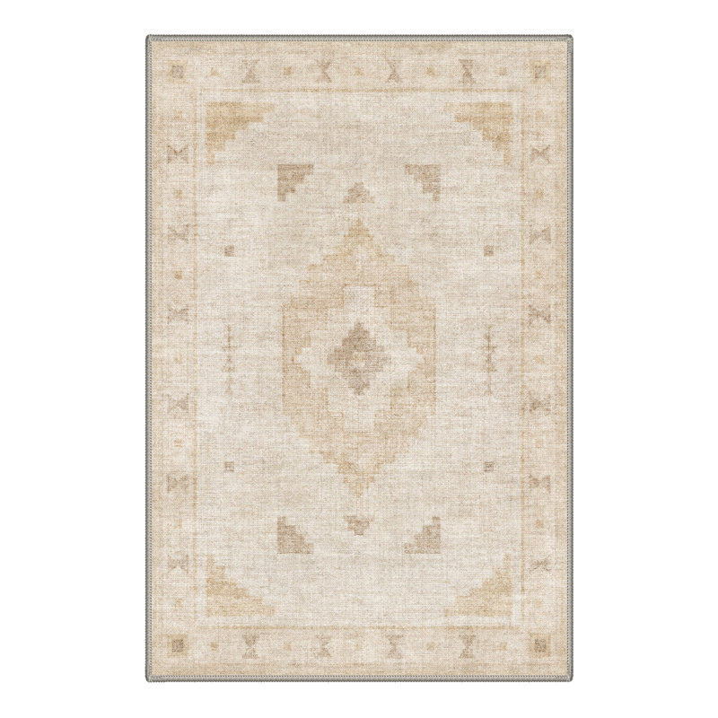 Tapis de porte géométrique beige/ivoire moderne, performant, à poils courts, lavable et antidérapant, Rectangle 3' x 5'