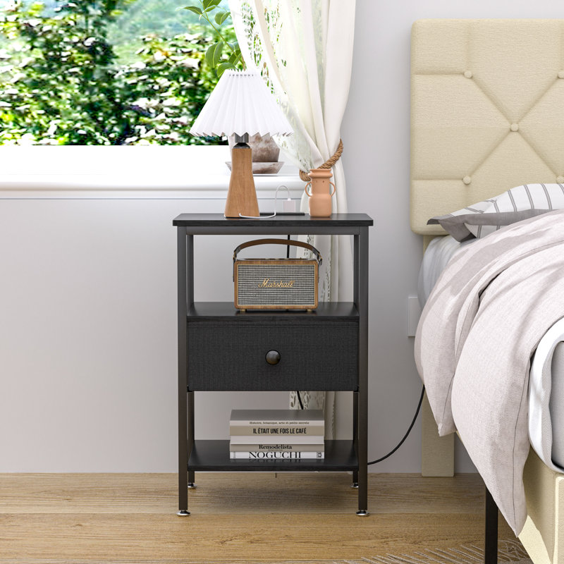 End Table With Charging Station, Slim Nightstand With Fabric Storage Drawer, Wood Side Table For Small Space, Living Room, Bedroom