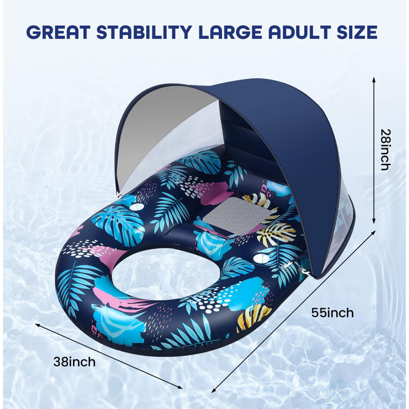 Inflatable Pool Floats With Removable Canopy, Large Pool Beach Floating Raft Lounge With 2 Cup Holders, Swimming Inflatable Pool Floats For Beach, Lake, Party