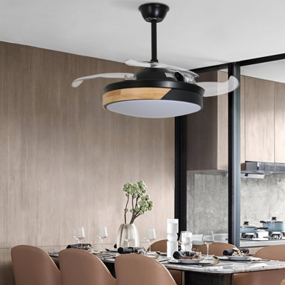 42 Inch 4 Blades Retractable Modern Dimmable Round Ceiling Fan With LED Lights and Remote Control
