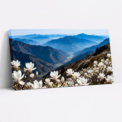 Paysage de montagne avec fleurs blanches, reproduction d'art sur toile tendue sur toile, ensemble de 1