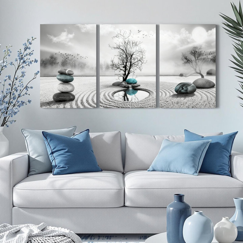 Ensemble de 3 tableaux sur toile tendue représentant un arbre de pierre et le reflet de l'eau dans un jardin zen