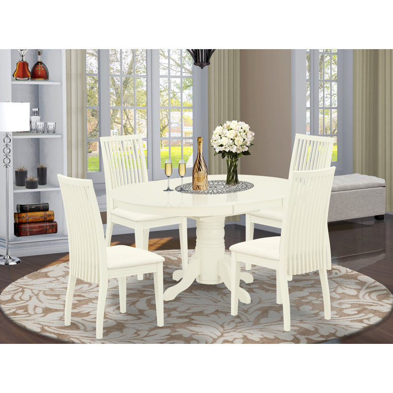 5 Piece Dinette Set for 4 Includes an Oval Dining Table with Butterfly Leaf and 4 Linen Fabric Kitchen Dining Chairs, Linen White